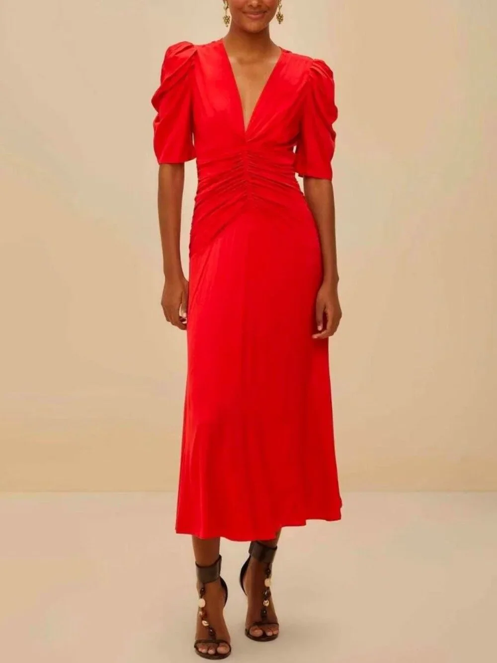 NWOT Farm Rio Red Gathered Midi Dress Size M - Picture 1 of 14